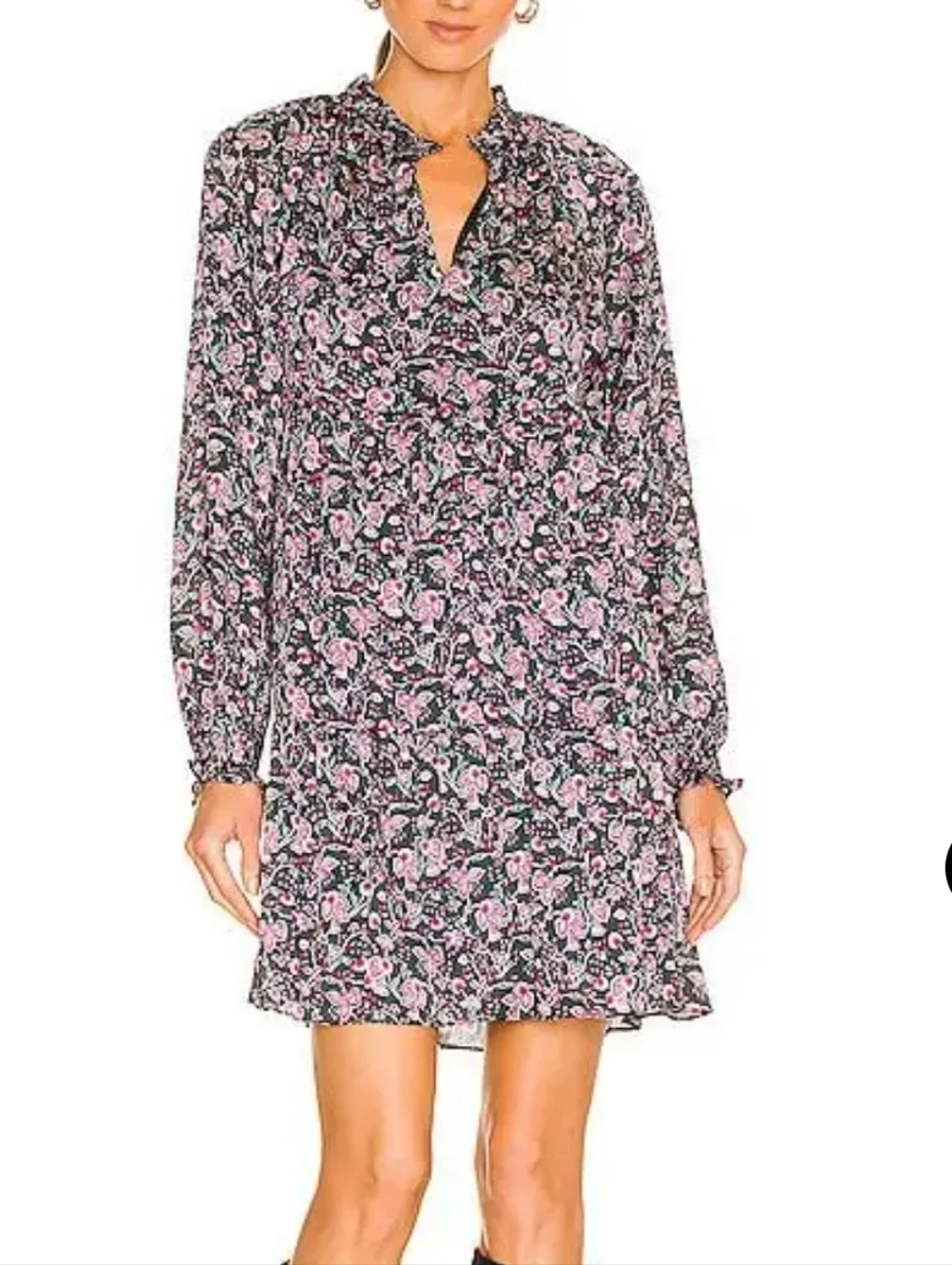 Floral Print Long Sleeve Tiered Mini Dress - Pink on Black - Picture 4 of 9